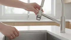 Henkilö säätää nykyaikaista keittiöhanaa tiskialtaan yläpuolella valoisassa keittiössä.