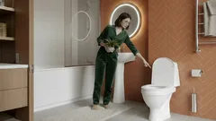 Nainen modernissa kylpyhuoneessa koskettaa wc-istuimen kantta