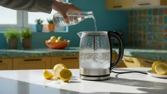 Vedenkeittimeen kaadetaan vettä keittiössä, sitruunoita pöydällä, kirkas aamuvalo